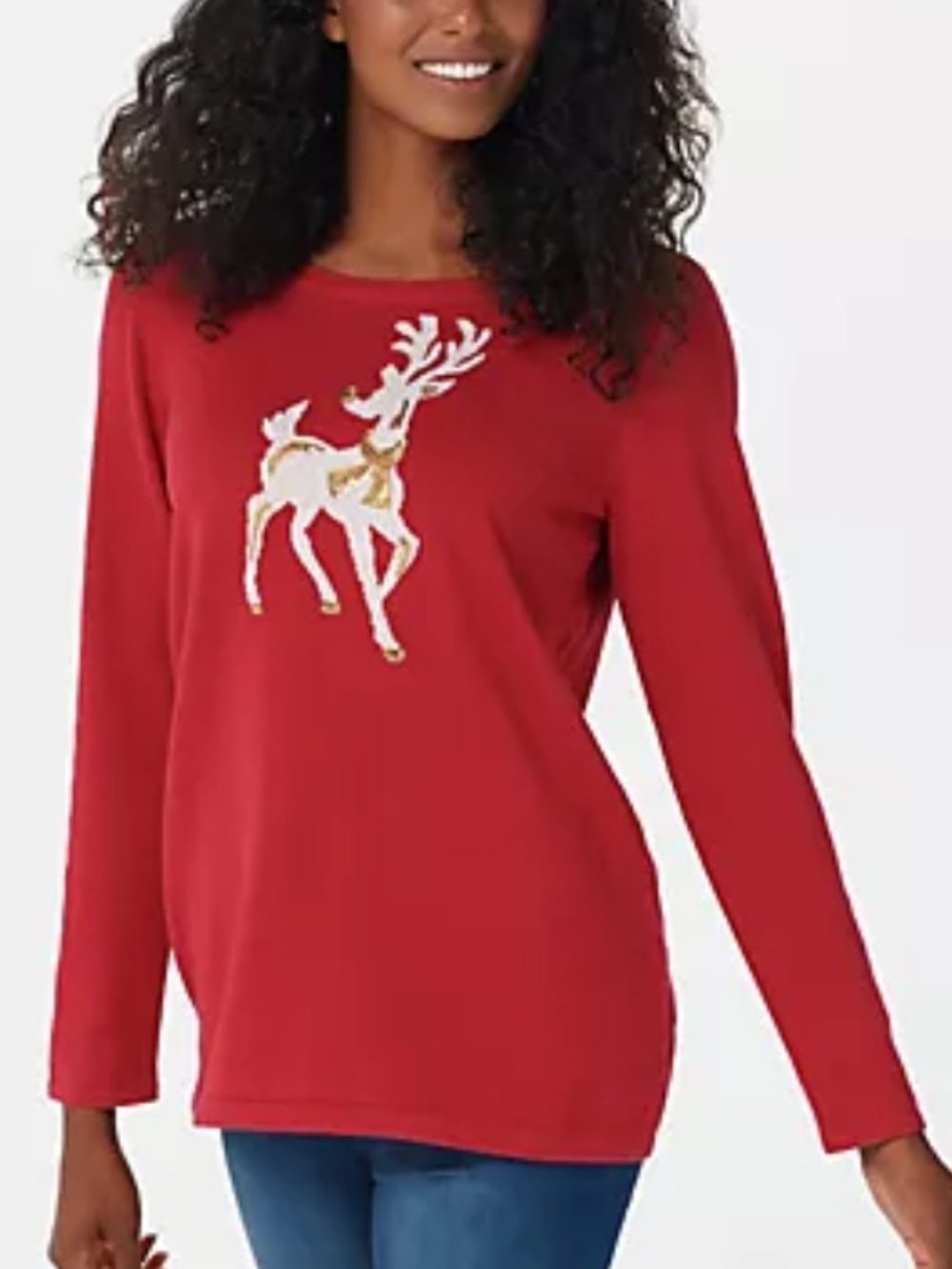 Quacker Factory Sz M Red Reindeer Holiday Motif Sequin Long-Sleeve Sweater NWT